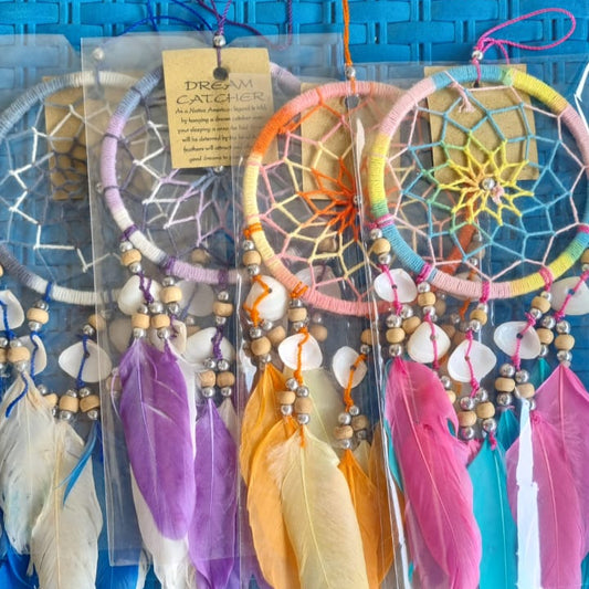 10cm handmade dreamcatchers with colorful feathers and cowrie shells in clear packaging, perfect for boho decor or gift