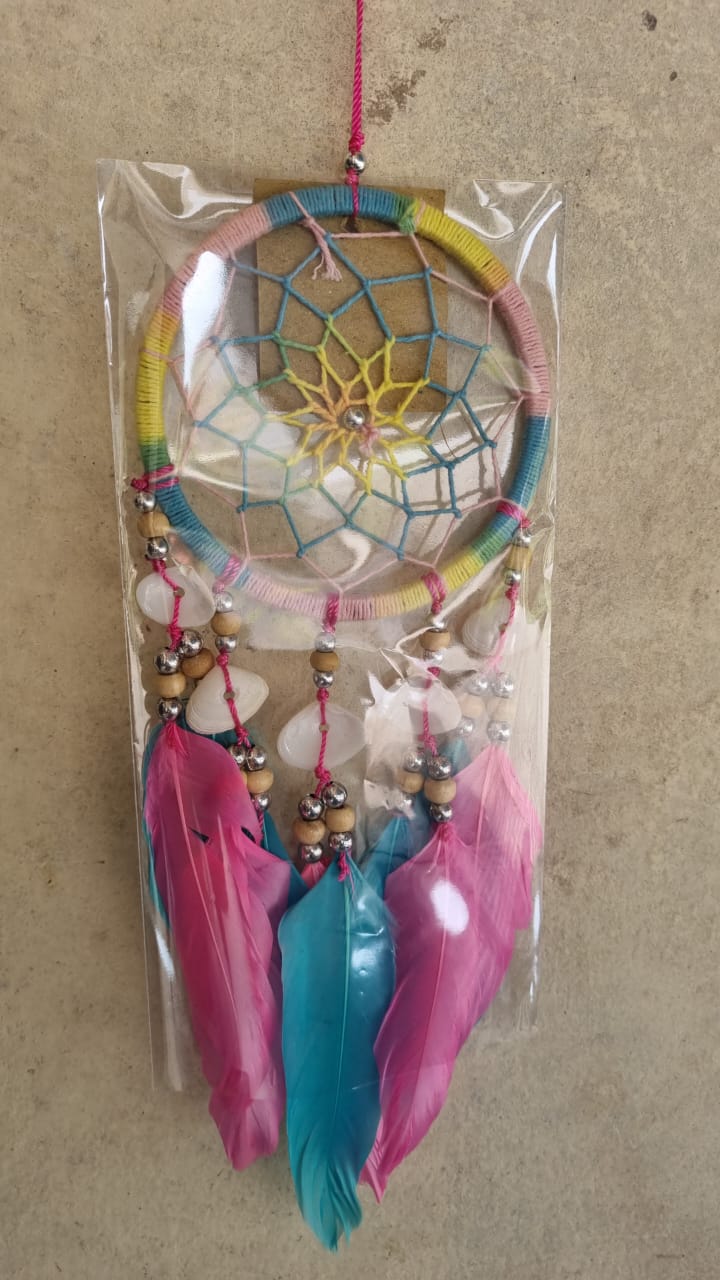 10cm handmade dreamcatchers with colorful feathers and cowrie shells in clear packaging, perfect for boho decor or gift