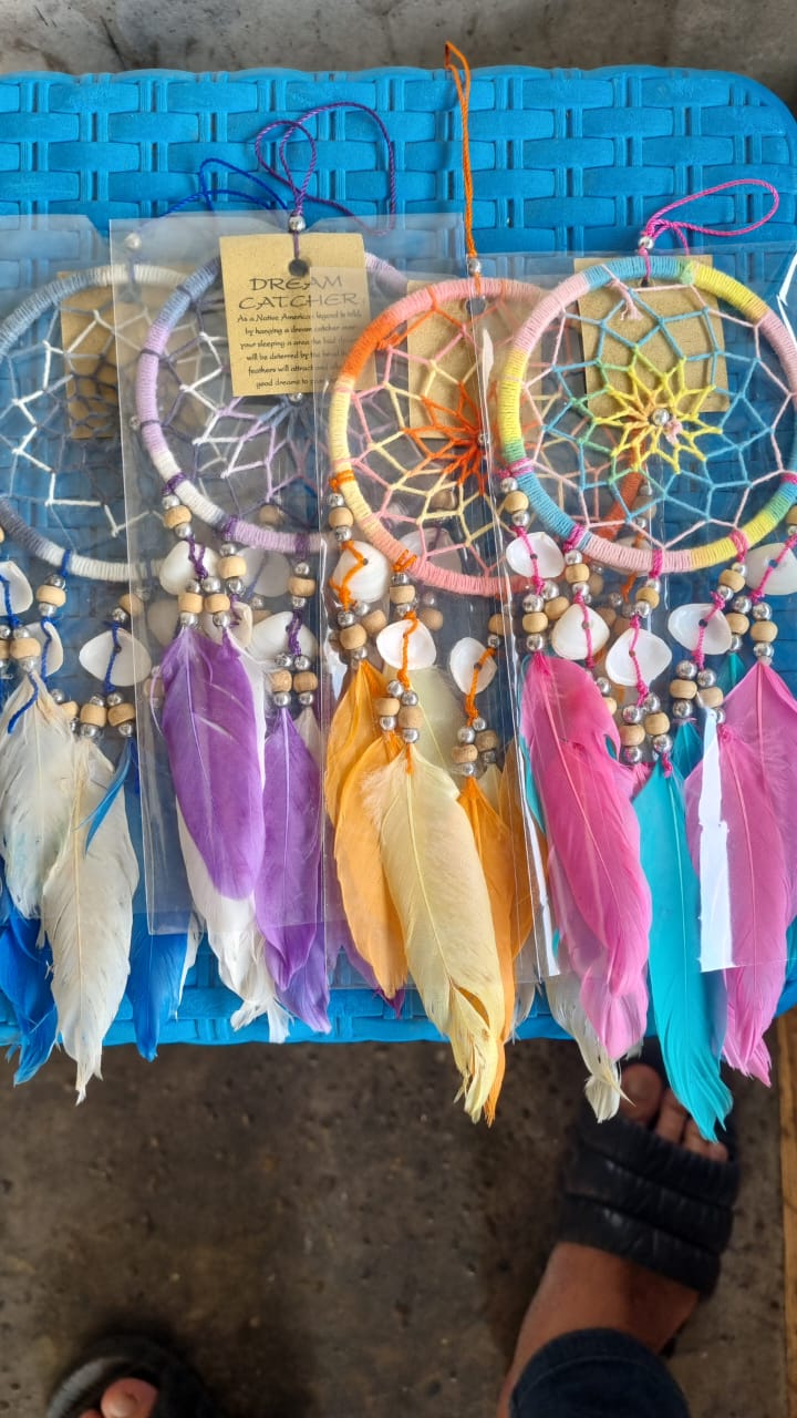 10cm handmade dreamcatchers with colorful feathers and cowrie shells in clear packaging, perfect for boho decor or gift