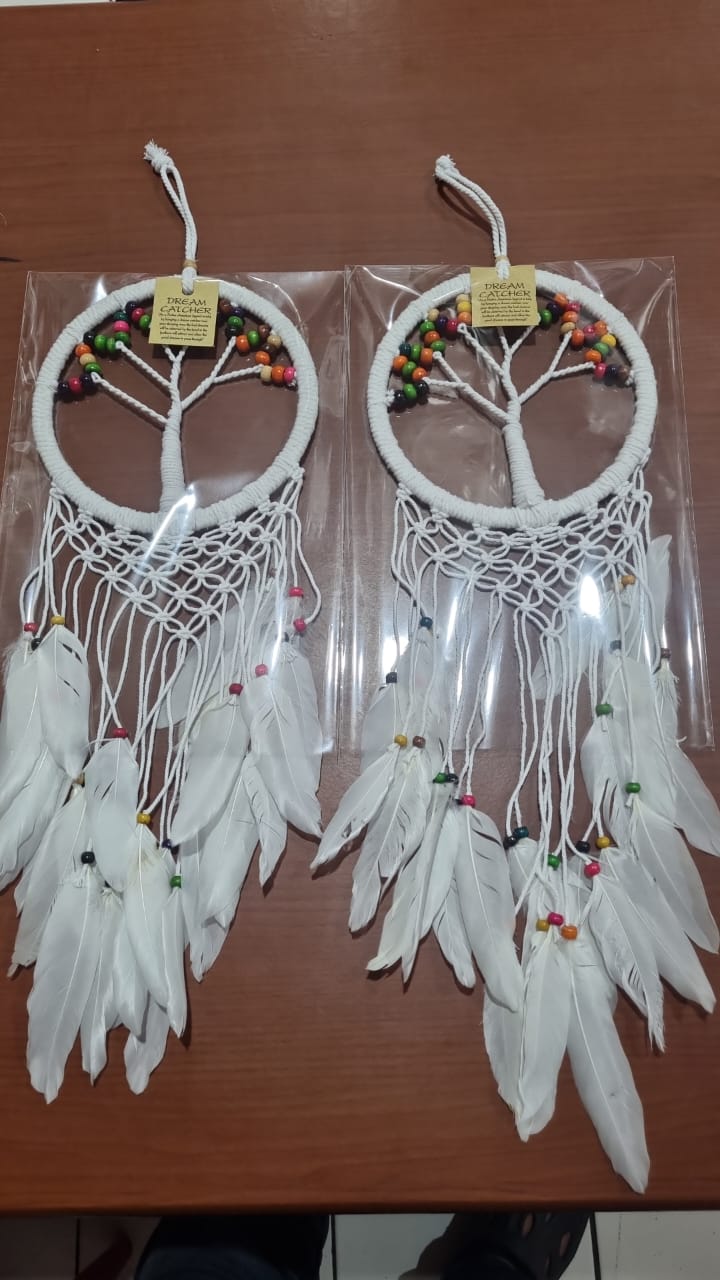 Large handmade Tree of Life dreamcatcher 16cm with cotton cord, wood beads, and white feathers – bohemian wall hanging décor