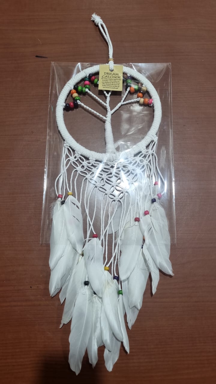 Large handmade Tree of Life dreamcatcher 16cm with cotton cord, wood beads, and white feathers – bohemian wall hanging décor