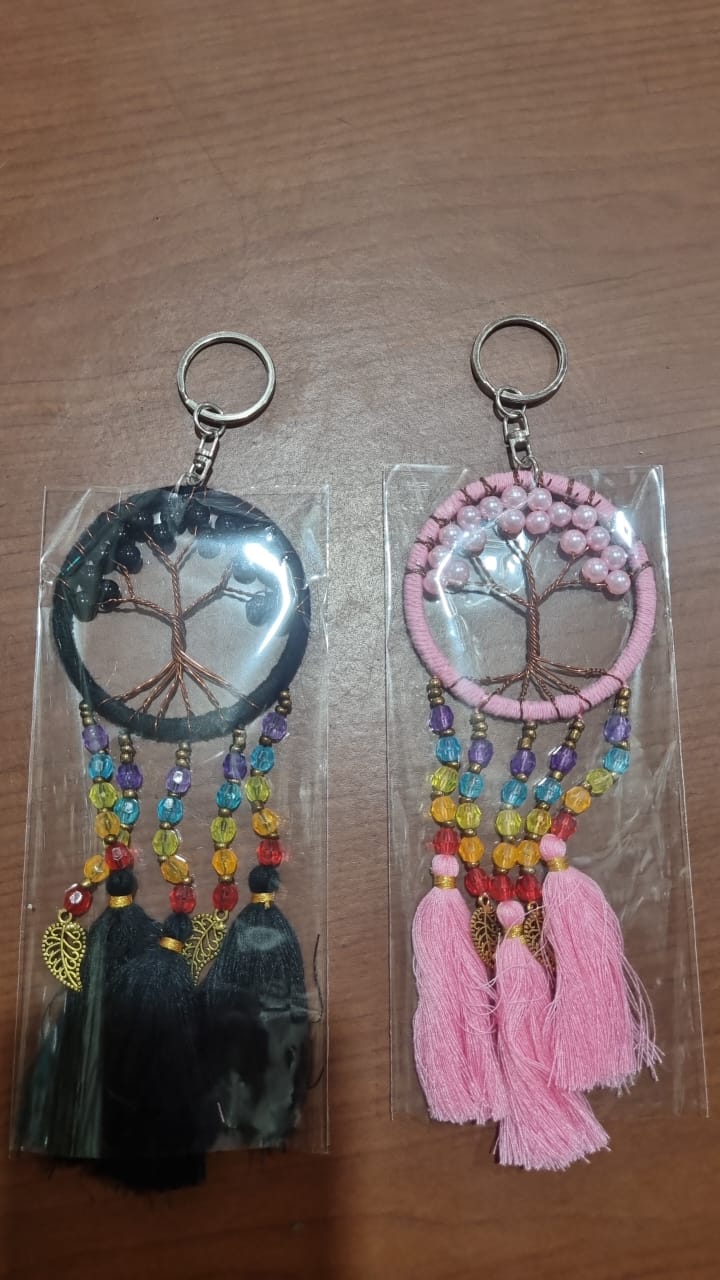 Boho handmade dreamcatcher keychain with tassels, rainbow beads, and Tree of Life design – perfect bag or car accessory