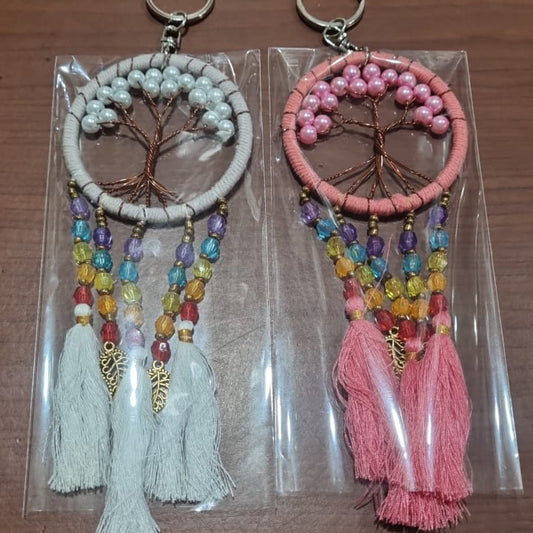 Boho handmade dreamcatcher keychain with tassels, rainbow beads, and Tree of Life design – perfect bag or car accessory