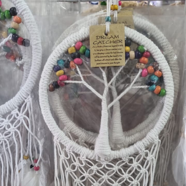 Large handmade Tree of Life dreamcatcher 16cm with cotton cord, wood beads, and white feathers – bohemian wall hanging décor