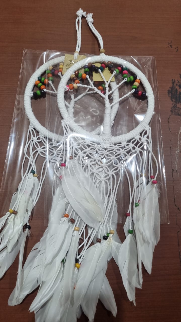 Large handmade Tree of Life dreamcatcher 16cm with cotton cord, wood beads, and white feathers – bohemian wall hanging décor