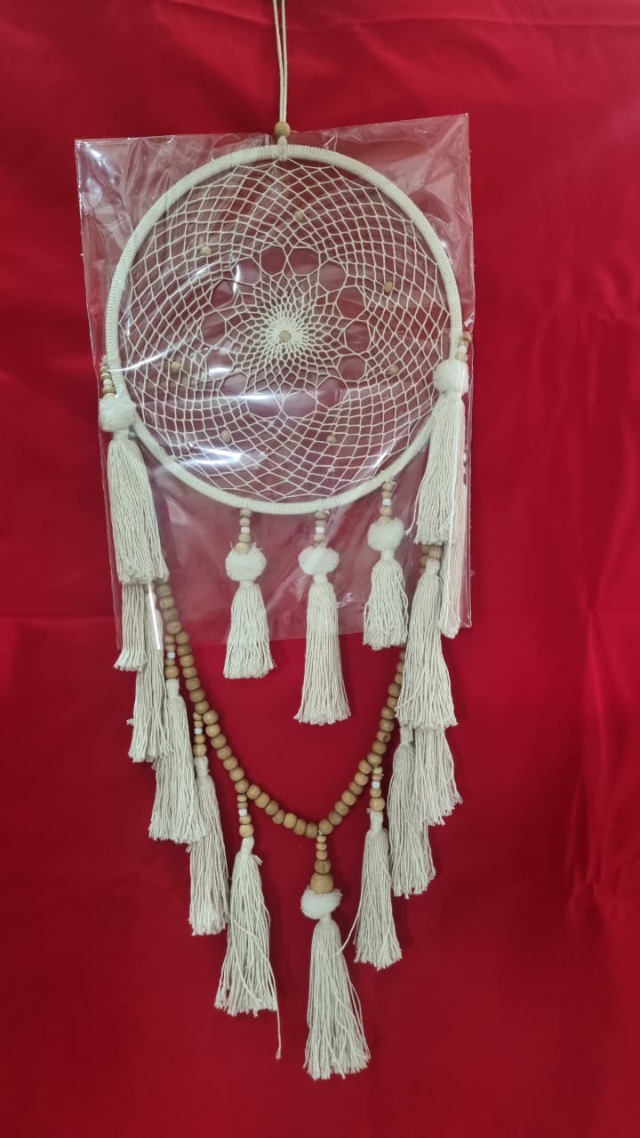 Handmade cotton macrame dreamcatcher with tassels and wooden beads, large wall hanging décor