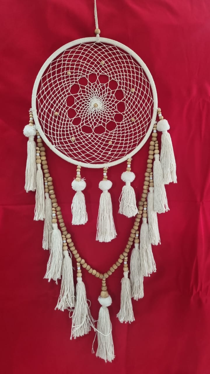 Handmade cotton macrame dreamcatcher with tassels and wooden beads, large wall hanging décor