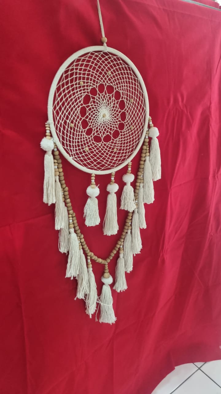Handmade cotton macrame dreamcatcher with tassels and wooden beads, large wall hanging décor