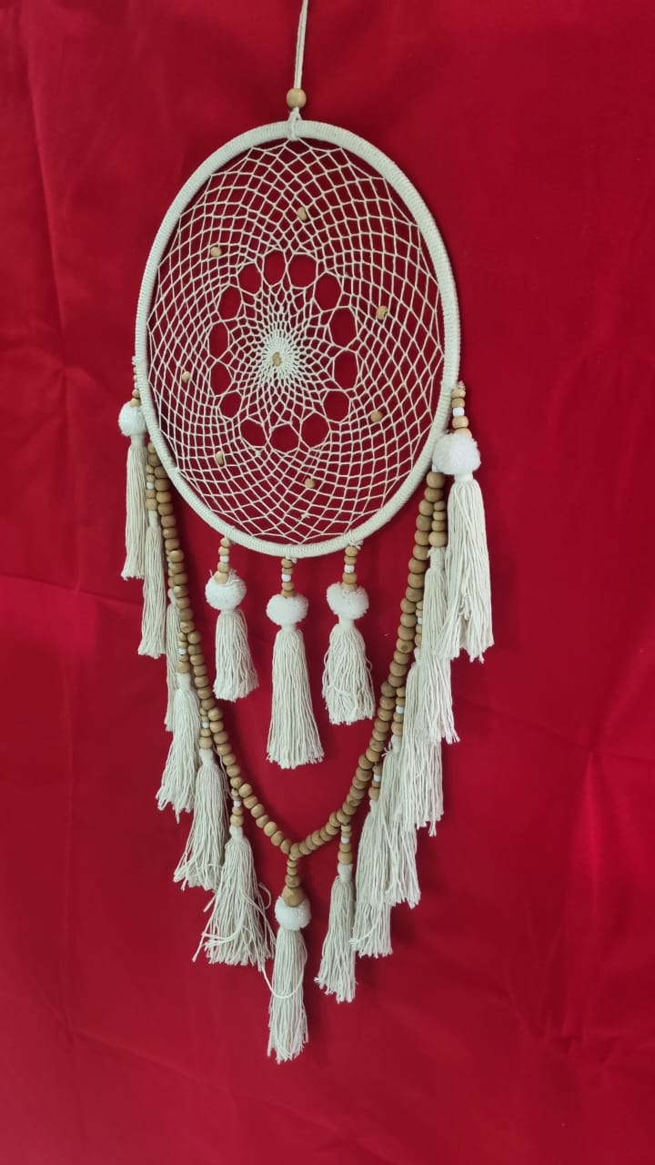 Handmade cotton macrame dreamcatcher with tassels and wooden beads, large wall hanging décor