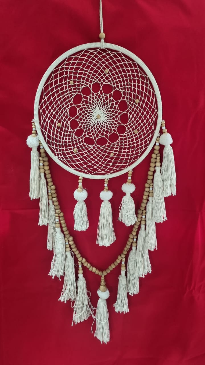 Handmade cotton macrame dreamcatcher with tassels and wooden beads, large wall hanging décor