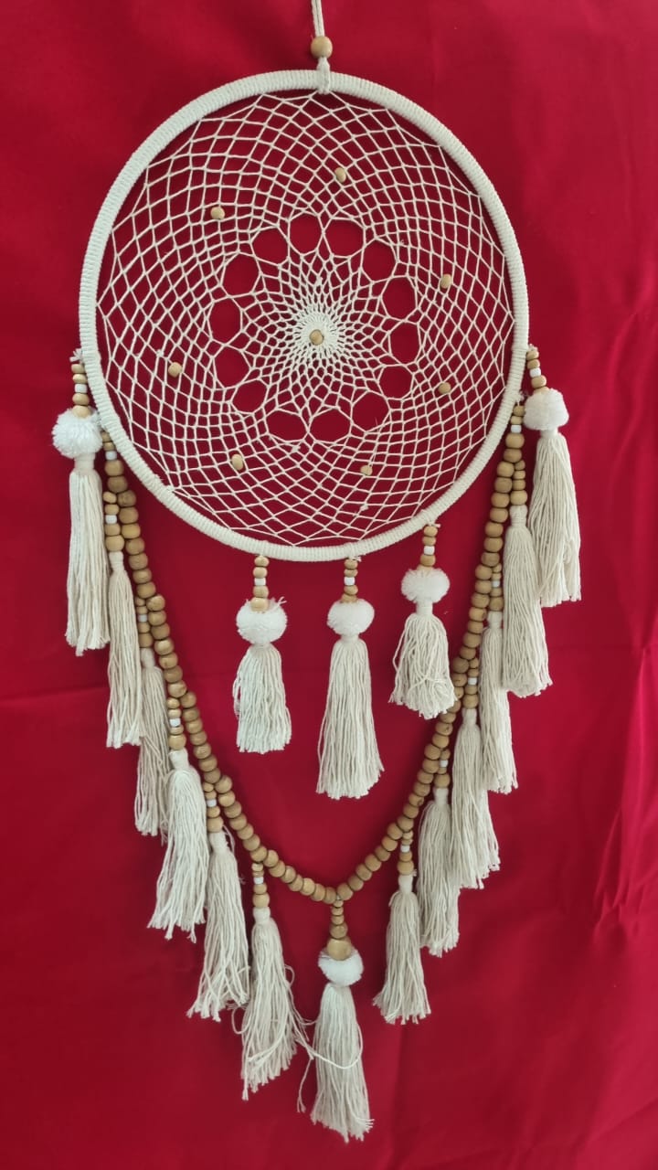 Handmade cotton macrame dreamcatcher with tassels and wooden beads, large wall hanging décor