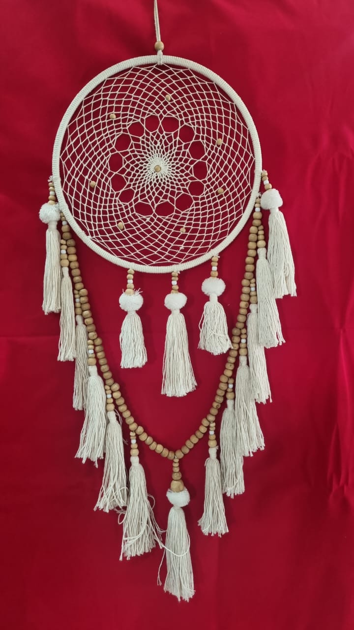 Handmade cotton macrame dreamcatcher with tassels and wooden beads, large wall hanging décor