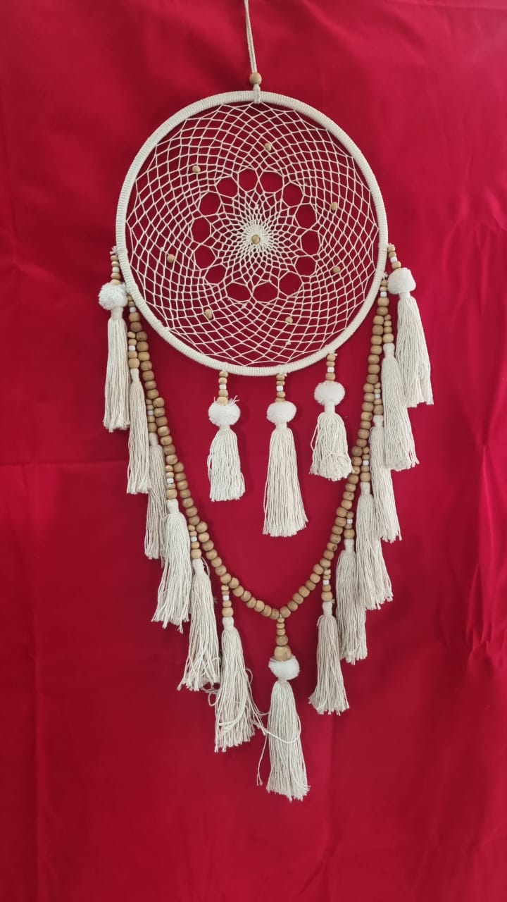 Handmade cotton macrame dreamcatcher with tassels and wooden beads, large wall hanging décor
