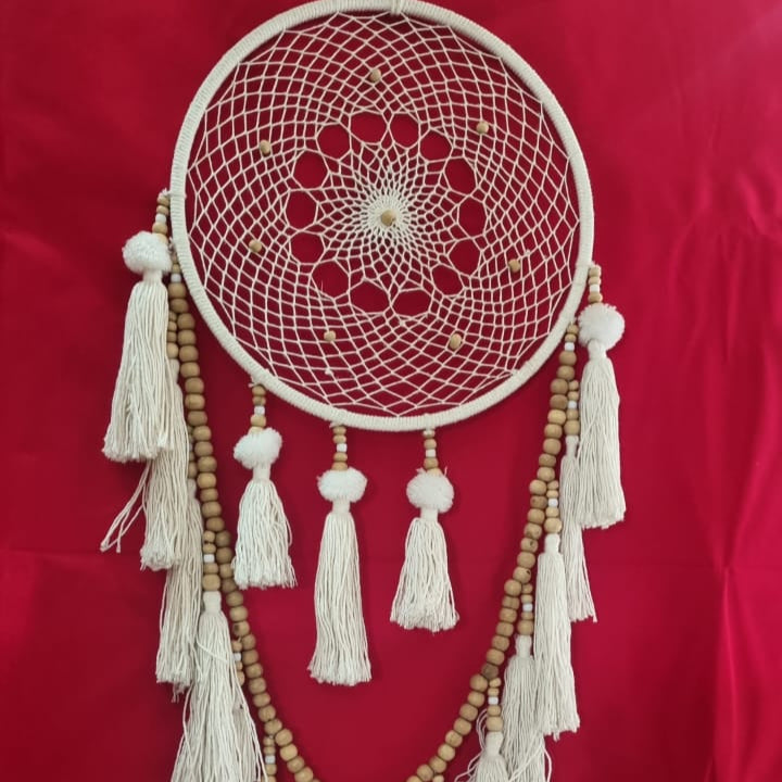 Handmade cotton macrame dreamcatcher with tassels and wooden beads, large wall hanging décor