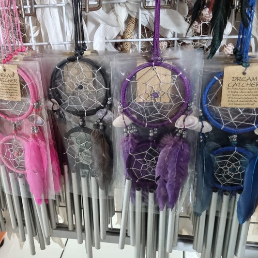 Handcrafted 9cm dreamcatcher with colorful feathers, beads, and aluminum wind chime tubes—ideal for boho decor or gifting