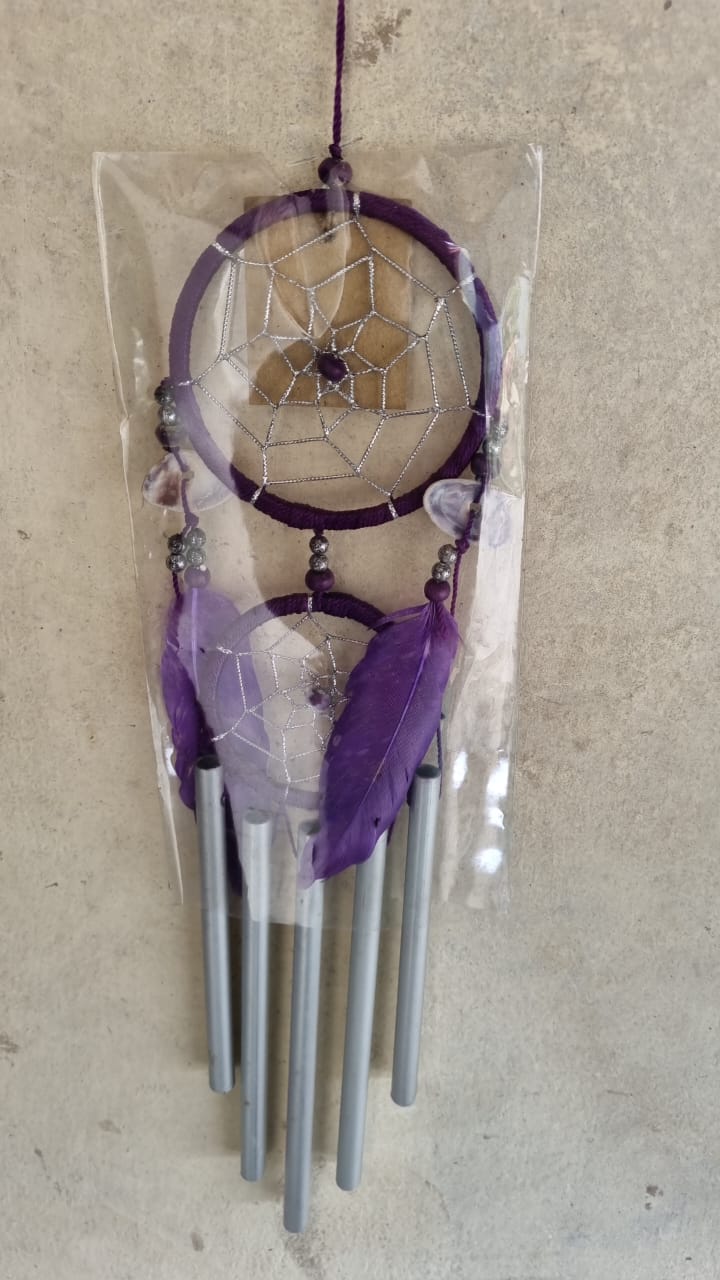 Handcrafted 9cm dreamcatcher with colorful feathers, beads, and aluminum wind chime tubes—ideal for boho decor or gifting