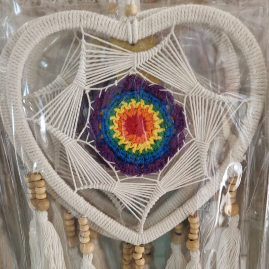 Macrame heart-shaped dreamcatcher with soft cotton tassels, wooden beads, and colorful crochet center