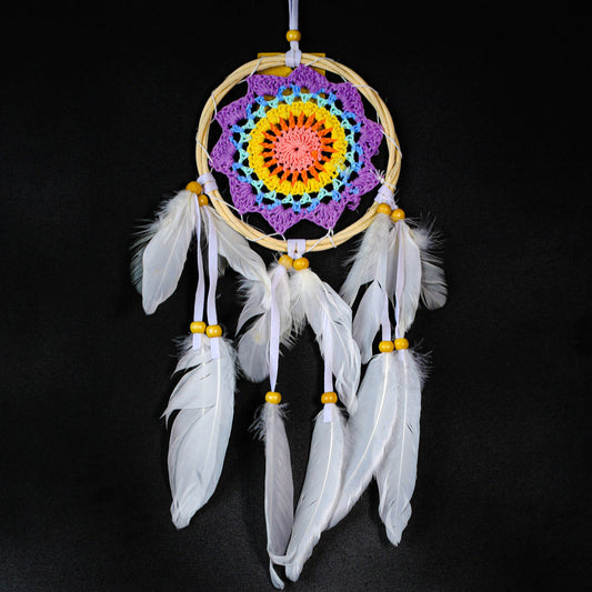 Crochet Mandala Dreamcatcher 12 cm | 30 cm Length – White Feather Boho Décor | Wholesale & Custom Colours