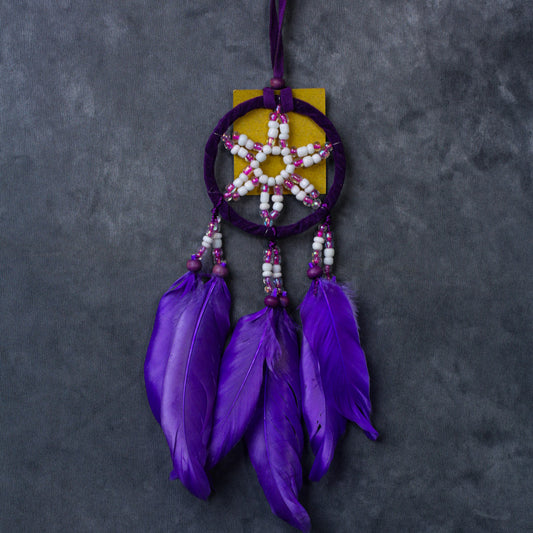 Purple beaded star dreamcatcher with three feathers, hanging ribbon, and cotton hoop.