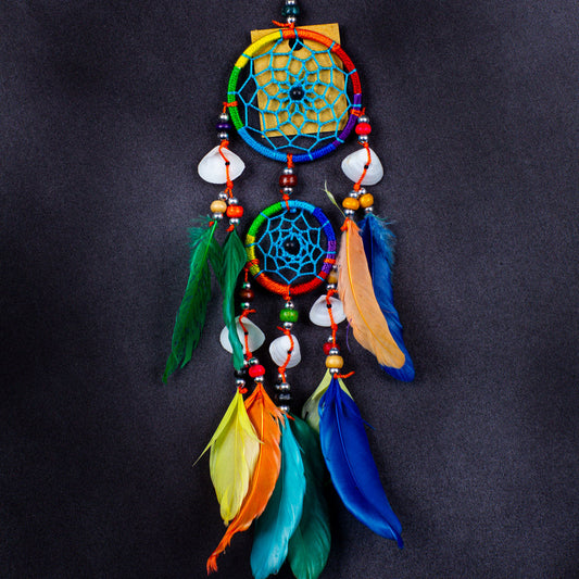 Handmade Boho Dreamcatcher – Double Ring Wall Hanging (30cm) with Feathers & Shells – Rainbow, White, or Green