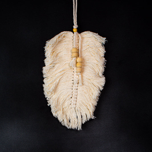 Natural cotton macrame feather leaf with wooden beads, hanging décor 12 × 15 cm.