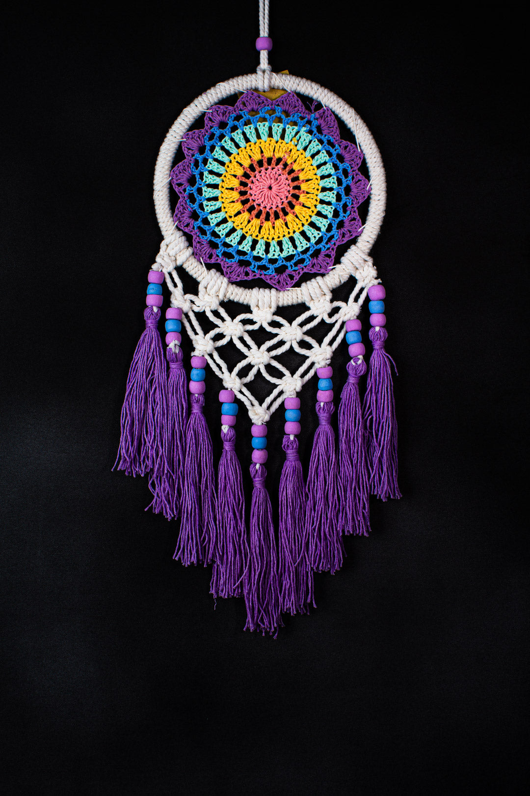 Handmade Crochet Mandala Dreamcatcher | 16 cm Macramé Hoop with Tassels & Beads | Wholesale & Custom Bulk Supplier