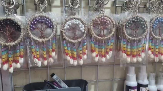 Boho dreamcatcher keychain handmade with cowrie shells, rainbow beads, and agel fiber – rustic Tree of Life charm 6cm