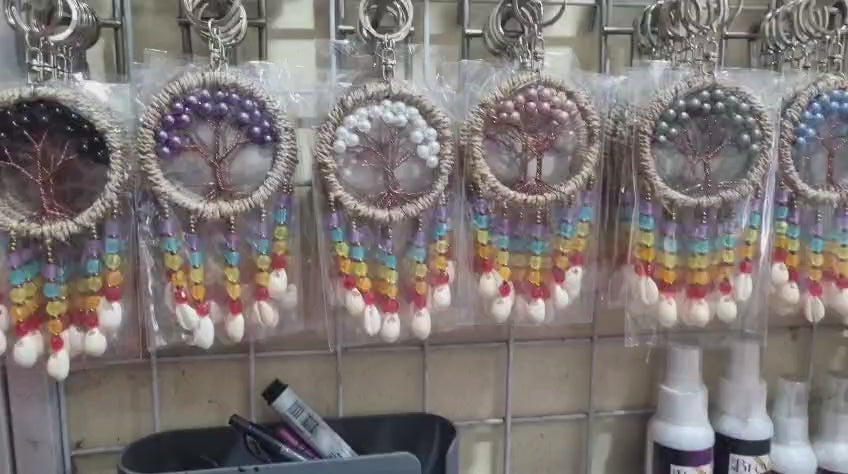 Boho dreamcatcher keychain handmade with cowrie shells, rainbow beads, and agel fiber – rustic Tree of Life charm 6cm
