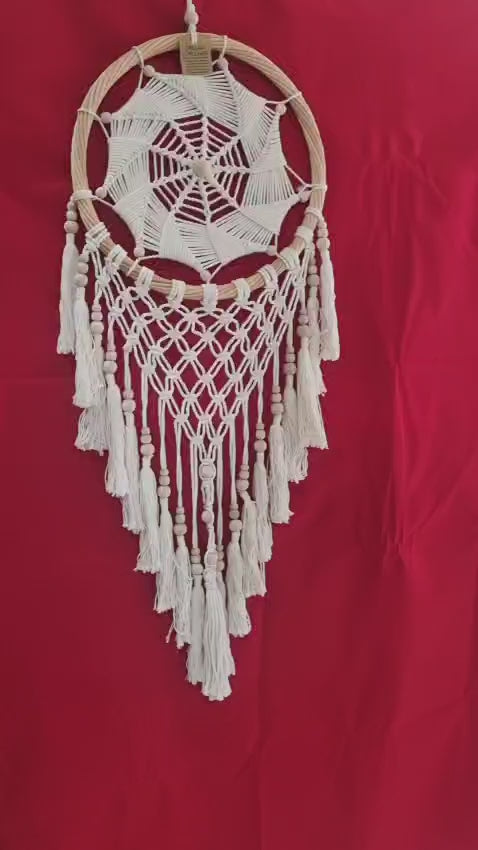 Handmade rattan and cotton dreamcatcher with macrame tassels and wooden beads, 32 cm diameter wall décor