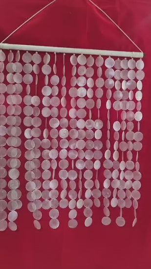 Coastal-style handmade capiz shell wall hanging, 70x100cm (27.5"x39.3"), natural shells on wooden rod for home and event décor