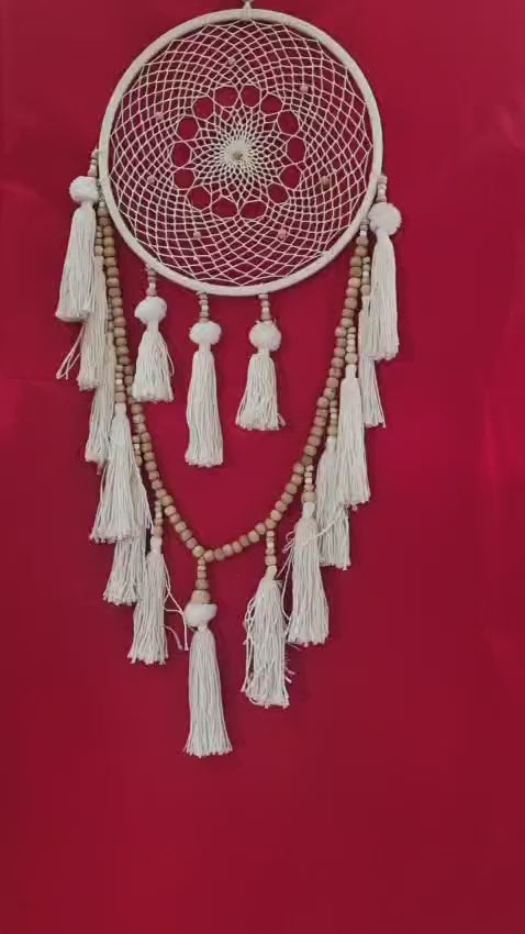 Handmade cotton macrame dreamcatcher with tassels and wooden beads, large wall hanging décor