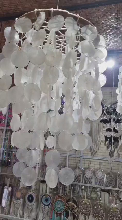 Natural handmade chandelier with cascading capiz shells and rattan frame – 32 cm (12.6 in) boho coastal home lighting