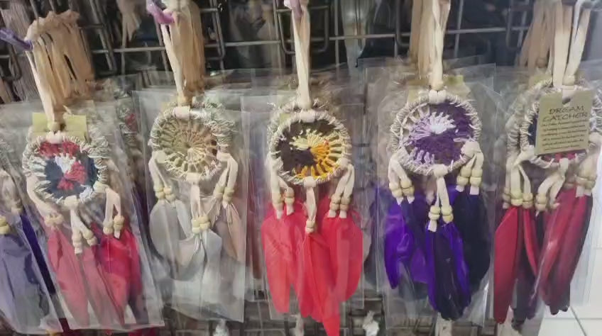 Small handmade agel dreamcatcher 6cm with natural wood beads and colorful feathers.