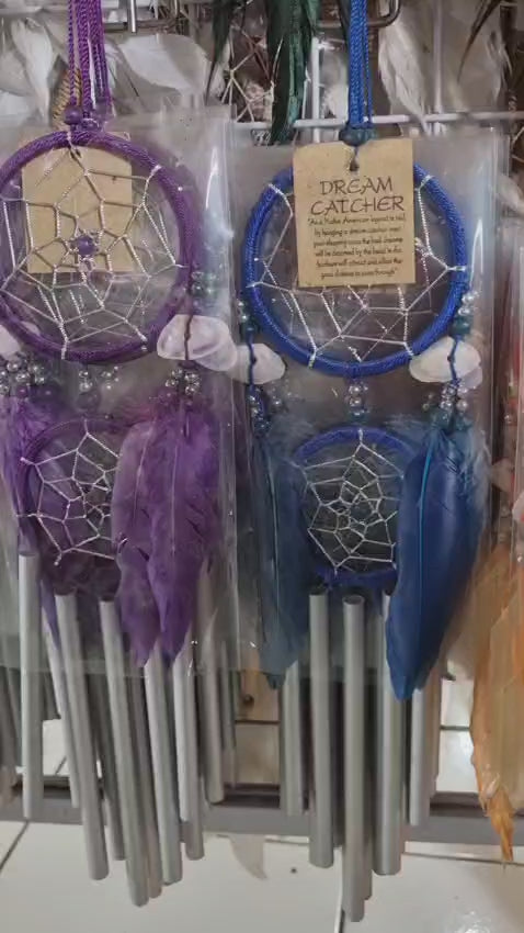 Handcrafted 9cm dreamcatcher with colorful feathers, beads, and aluminum wind chime tubes—ideal for boho decor or gifting