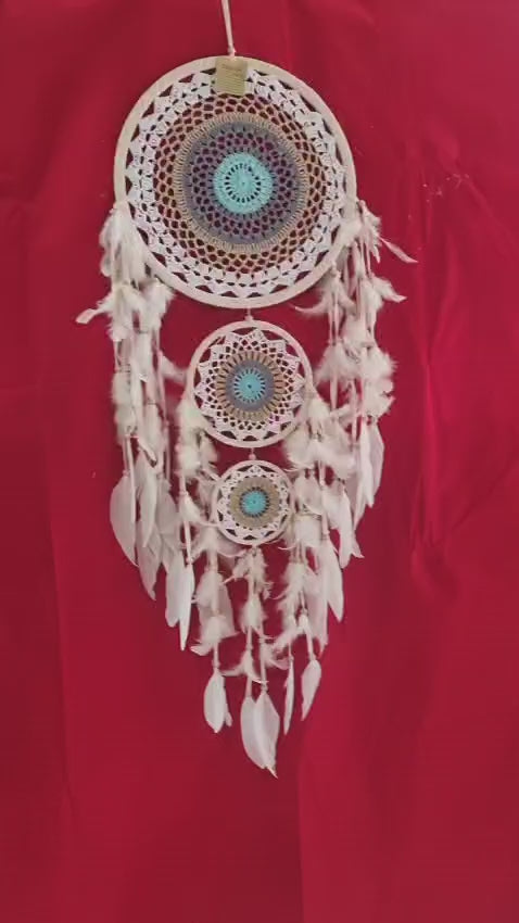 Handmade triple ring crochet dreamcatcher with white feathers and wooden beads, largest hoop 32 cm (12.6"), boho wall décor