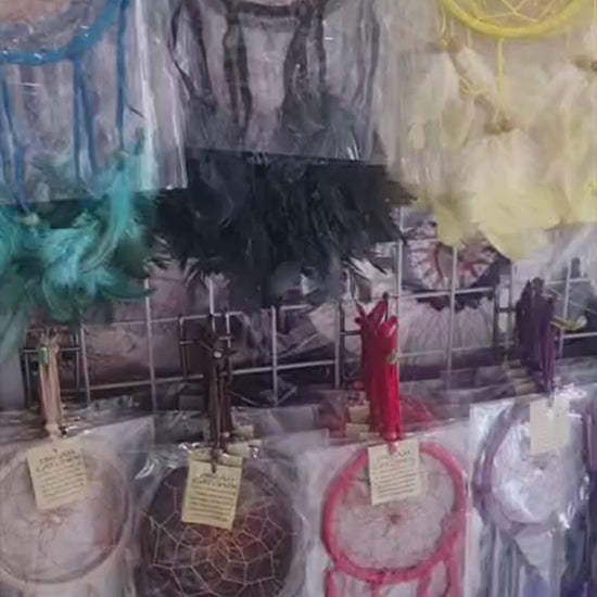 Colorful handmade cotton dreamcatcher with feathers, 12cm diameter, for wall decor