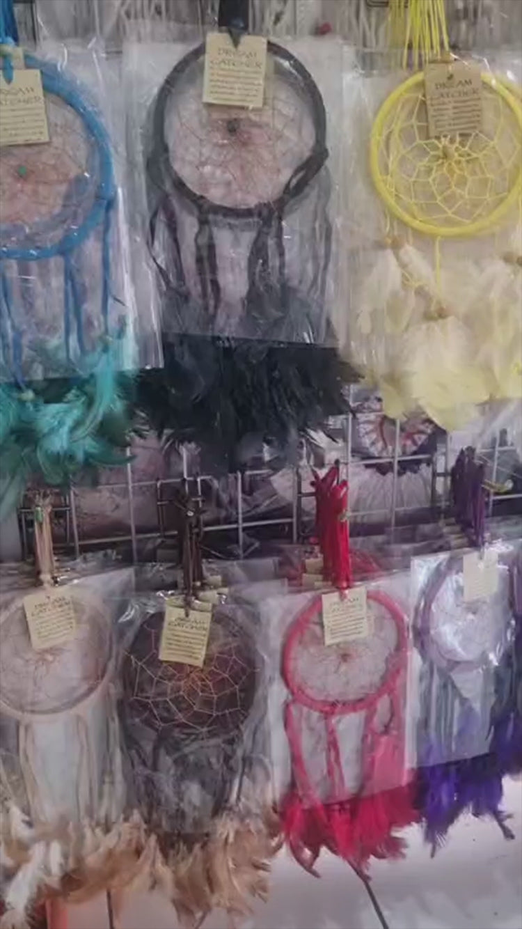 Colorful handmade cotton dreamcatcher with feathers, 12cm diameter, for wall decor