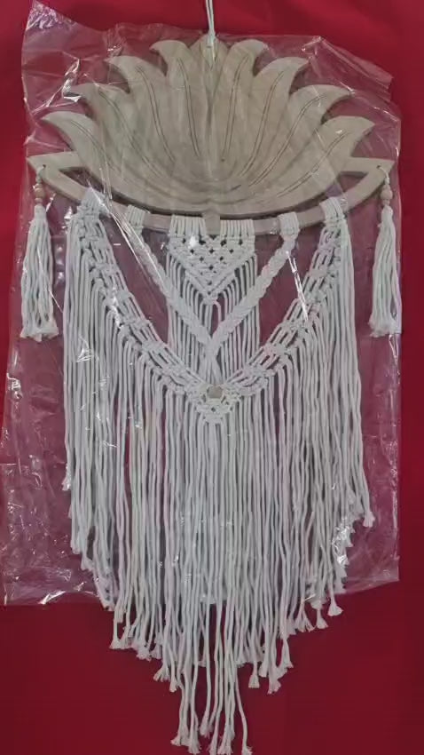 Artisan macrame wall hanging with carved wooden lotus frame, 40cm (15.75"), handmade boho décor for wholesale and custom bulk orders