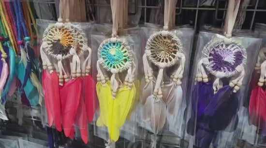 Mini handmade dreamcatcher with cotton thread, agel fiber, colorful feathers, and wood beads – 6cm rustic boho wall or car décor