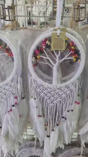 Large handmade Tree of Life dreamcatcher 16cm with cotton cord, wood beads, and white feathers – bohemian wall hanging décor