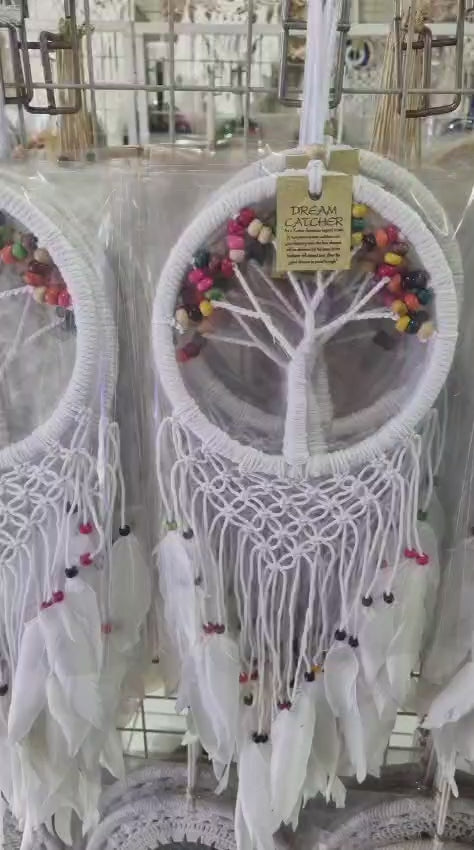 Large handmade Tree of Life dreamcatcher 16cm with cotton cord, wood beads, and white feathers – bohemian wall hanging décor