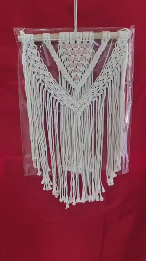 Handmade macrame wall hanging with owl motif and fringe, 40 cm wide cotton décor