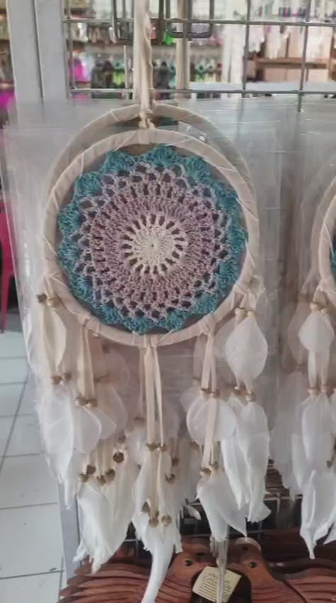 Bohemian handmade cotton dreamcatcher 16cm with white feathers, artisan wall hanging decor