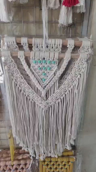 Boho handmade macrame wall hanging with beads, 30cm cotton tapestry, rustic bohemian wall décor