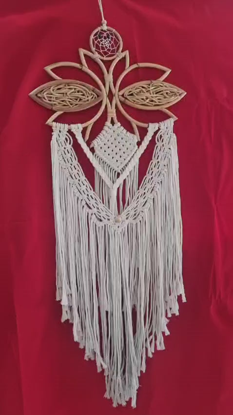 Large handmade rattan and cotton macrame dreamcatcher, 35 cm (13.7") diameter, floral frame with fringe for boho wall décor