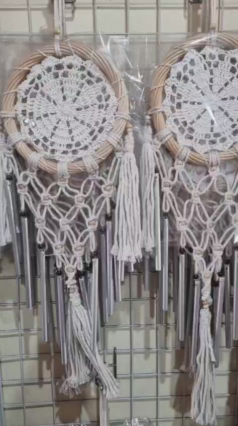 Handmade crochet cotton dreamcatcher with aluminum wind chime, 16cm boho wall hanging decor