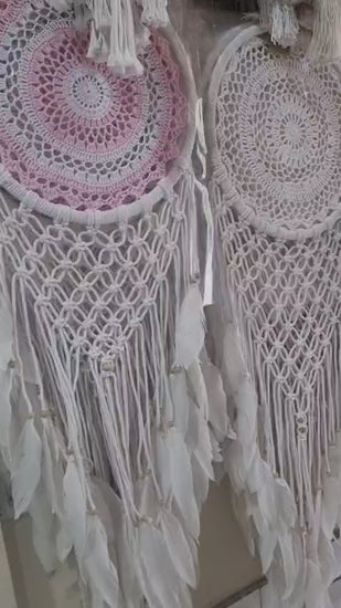 32cm handmade macrame dreamcatcher with cotton crochet center and long feather fringe – bohemian wall decor for modern spaces

