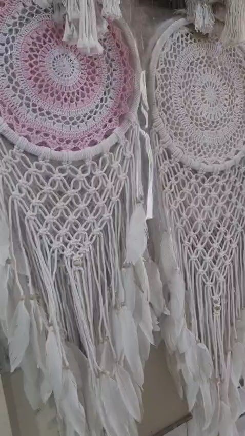 32cm handmade macrame dreamcatcher with cotton crochet center and long feather fringe – bohemian wall decor for modern spaces

