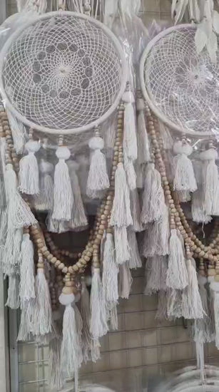 Large handmade 32cm cotton dreamcatcher with tassels and wooden beads for bohemian wall decor