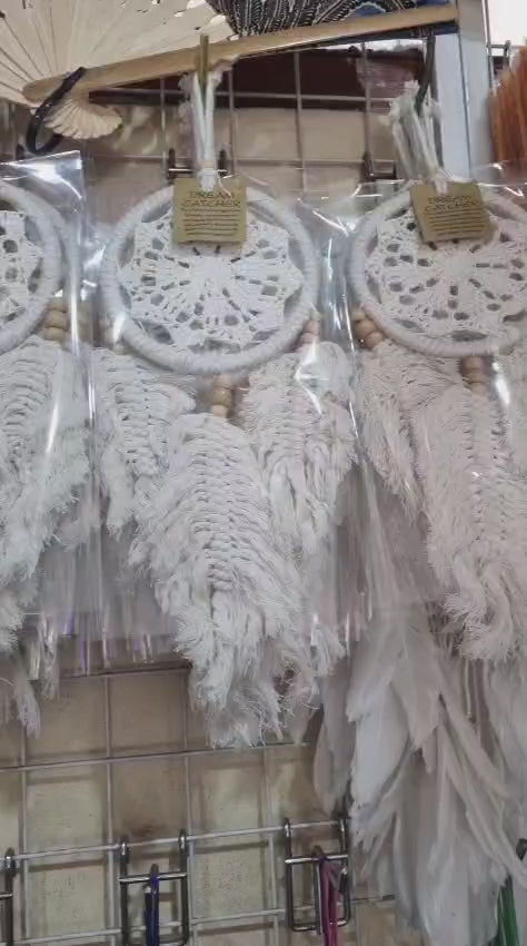 Natural macrame dreamcatcher handmade 12 cm with crochet lace and wooden beads, boho wall décor